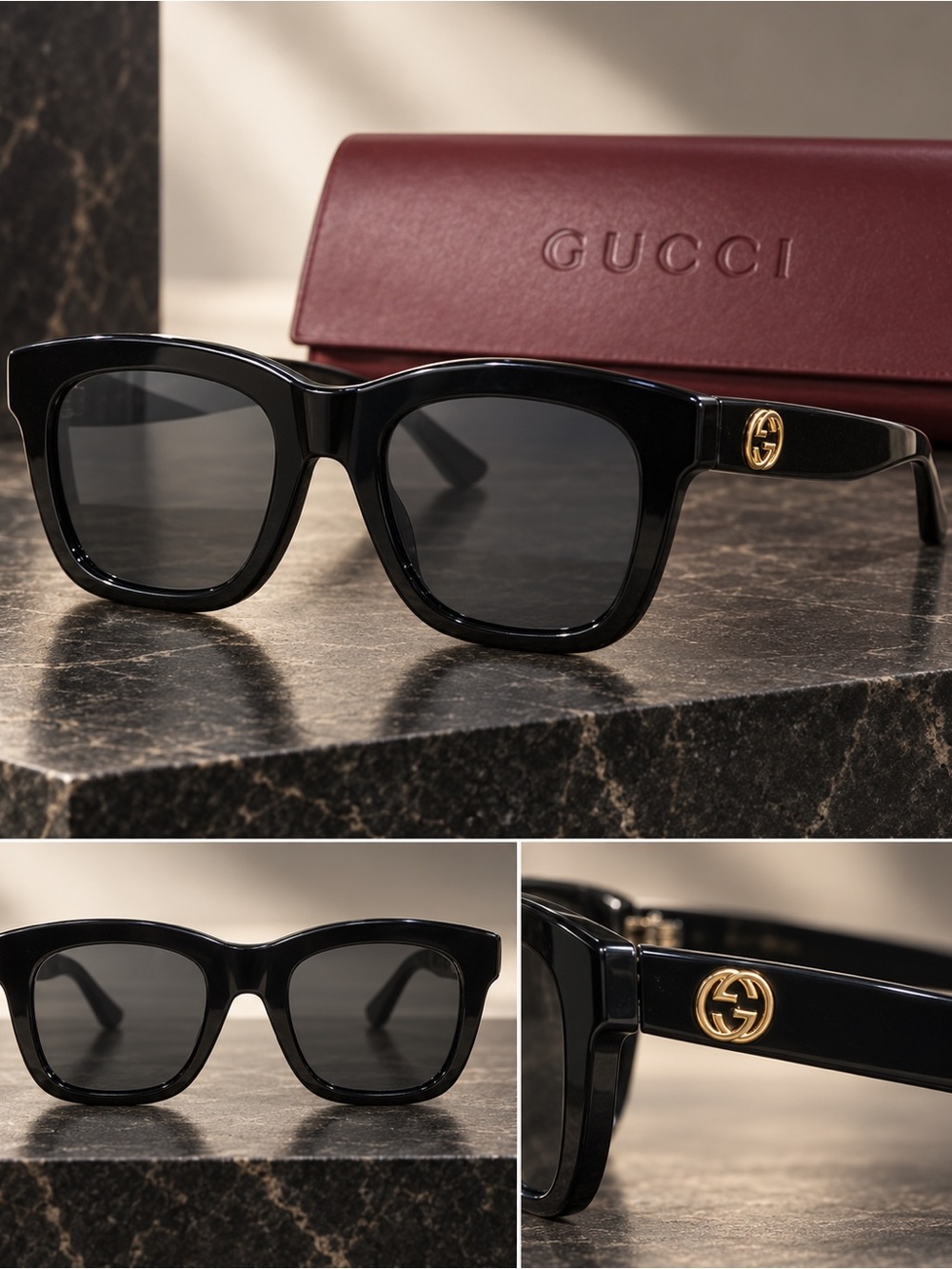 Gucci Men’s Black Sunglasses with Gold GG Accent